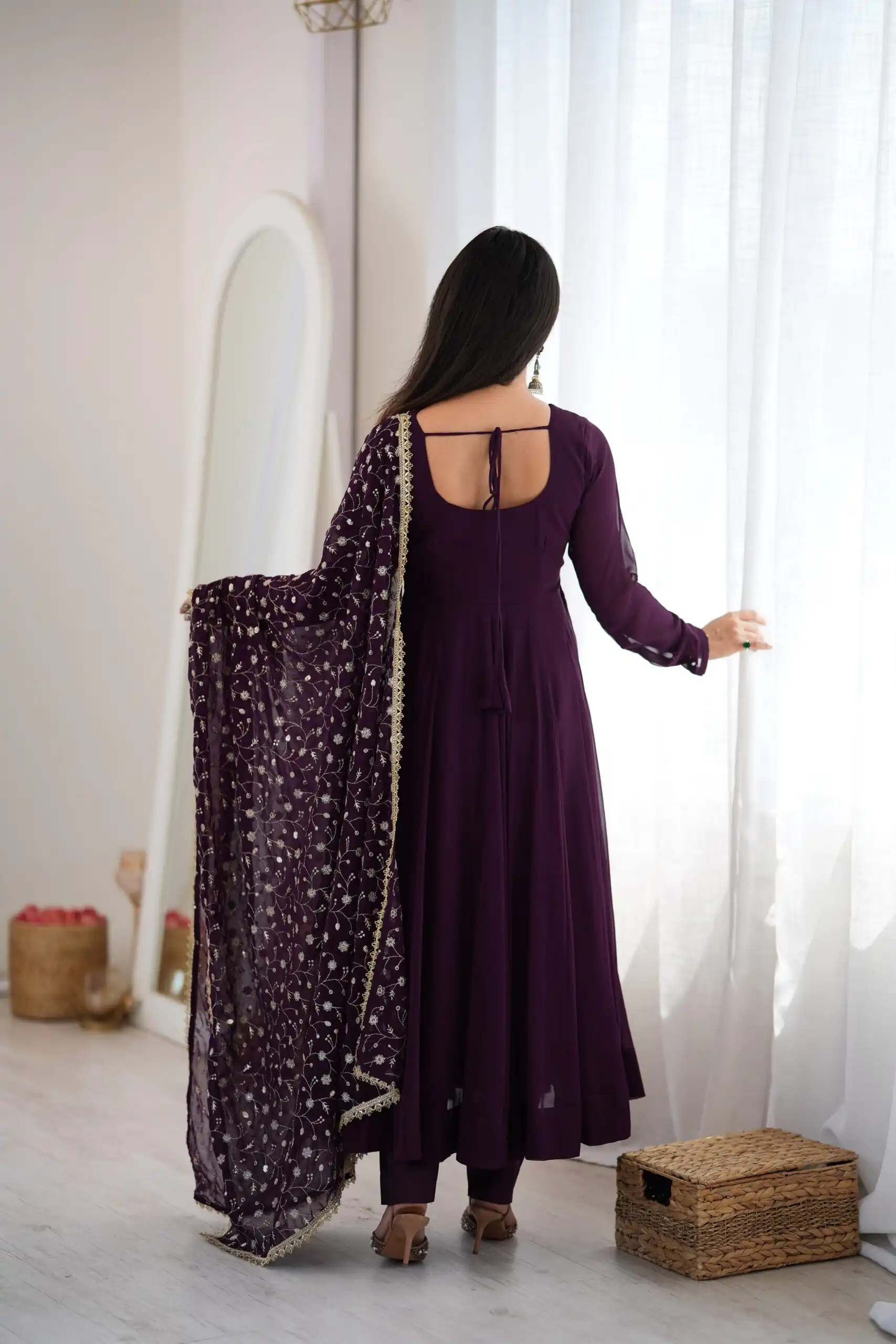 Super Wine Blooming Faux Georgette Embroider Work Anarkali Suit - Image 4