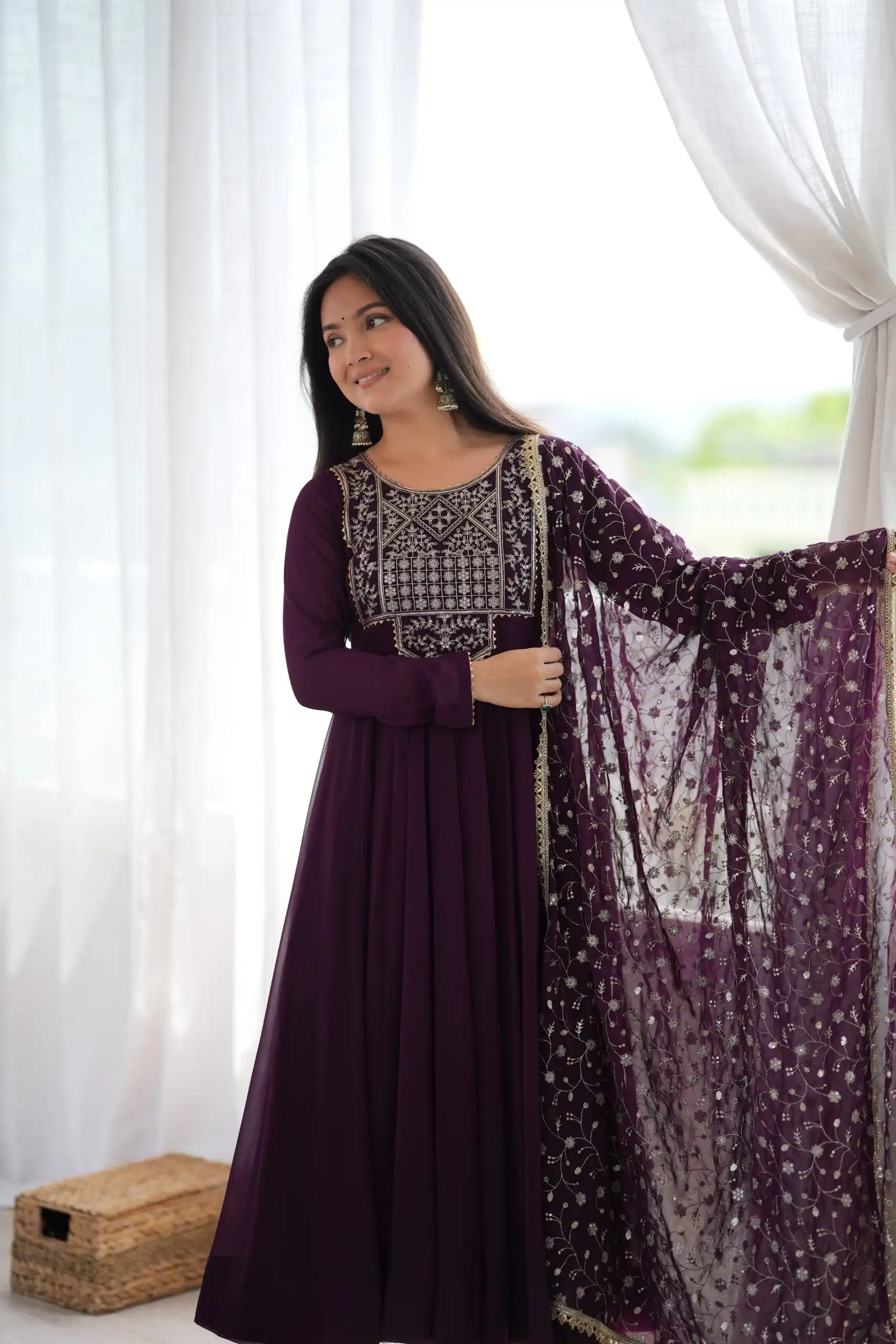 Super Wine Blooming Faux Georgette Embroider Work Anarkali Suit - Image 8