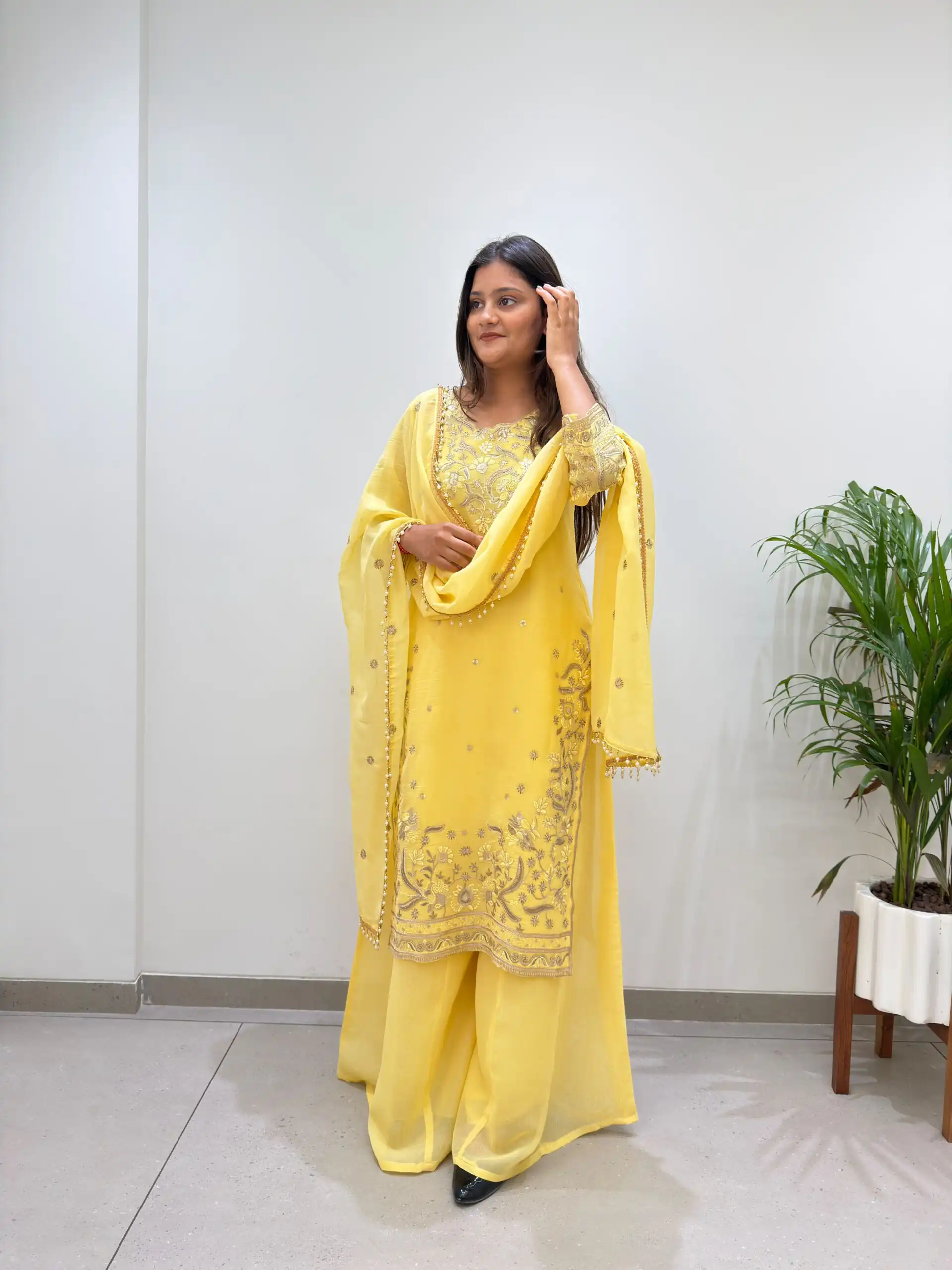 Super Yellow Crunchy Silk Embroidery Work Salwar Suit - Image 4