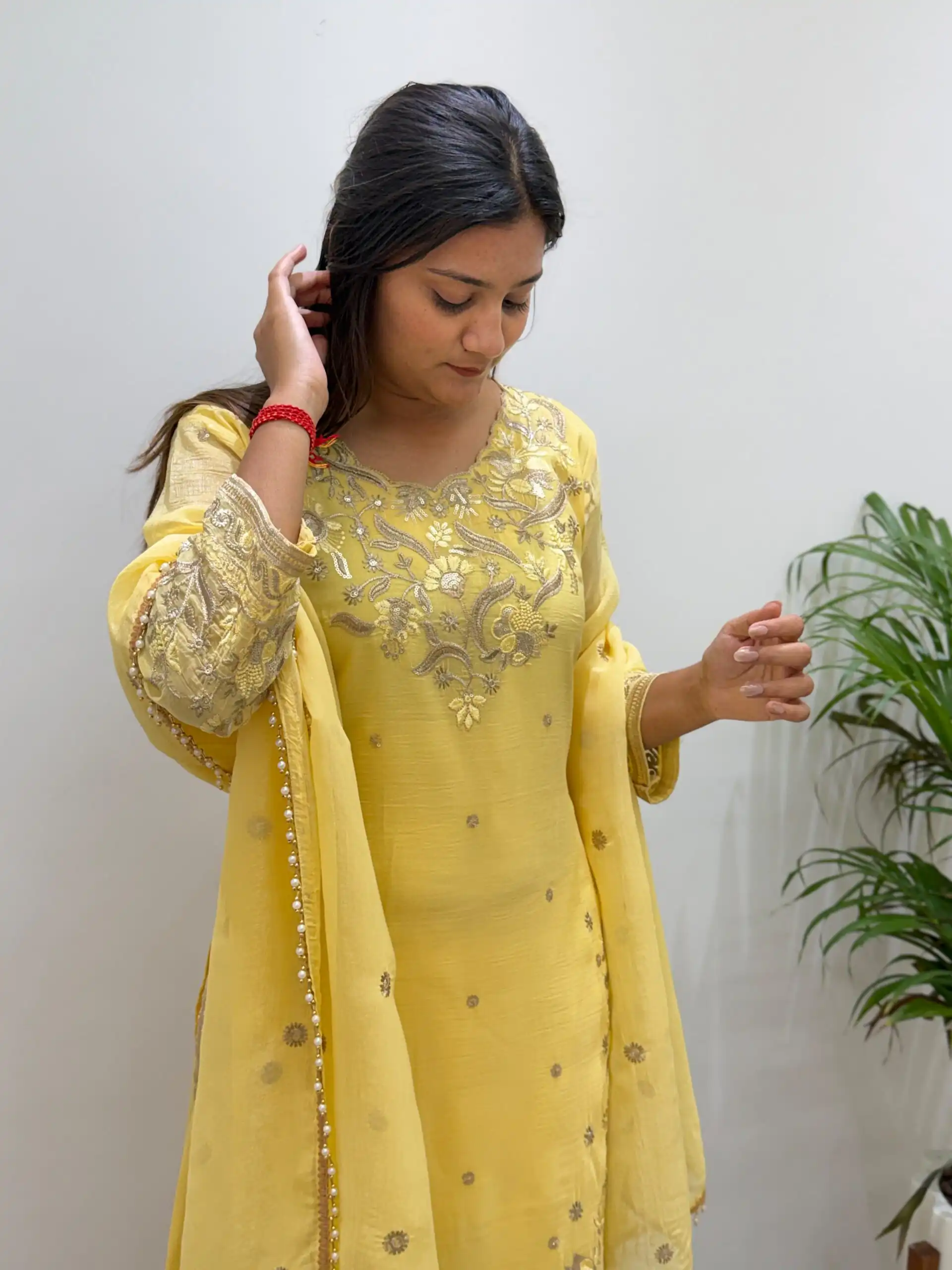 Super Yellow Crunchy Silk Embroidery Work Salwar Suit - Image 6
