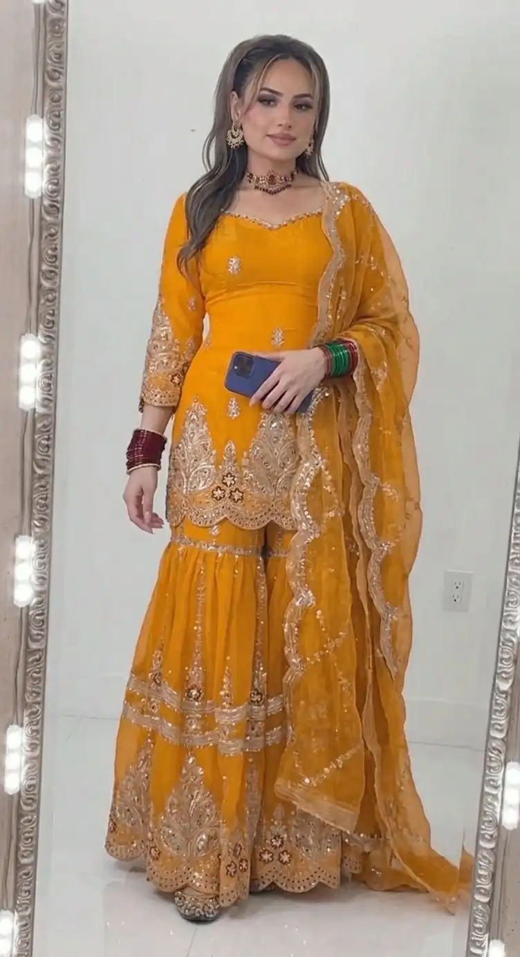 Super Yellow Fendy Crush Sequins Work Salwar Suit