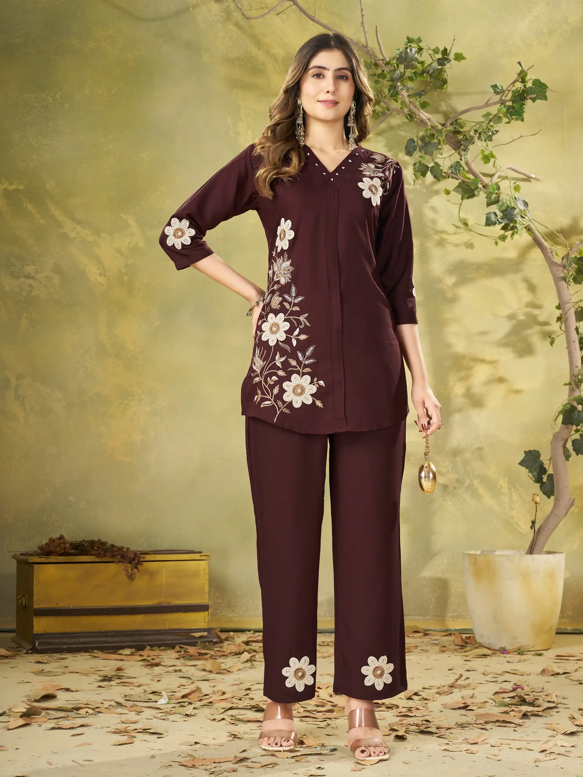 Trendy Brown Rayon Cotton Thread Work Kurti