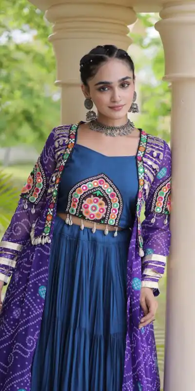 Alternative view of Trendy Navy Blue Rayon Patch Work Work Lehenga Choli