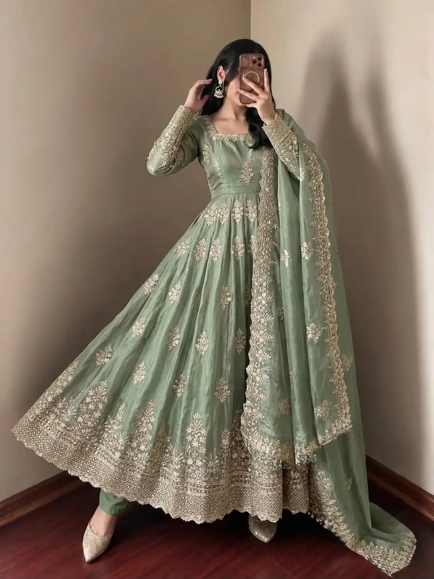 Trendy Pista Fendy Silk Embroidery Work Gown - Image 3