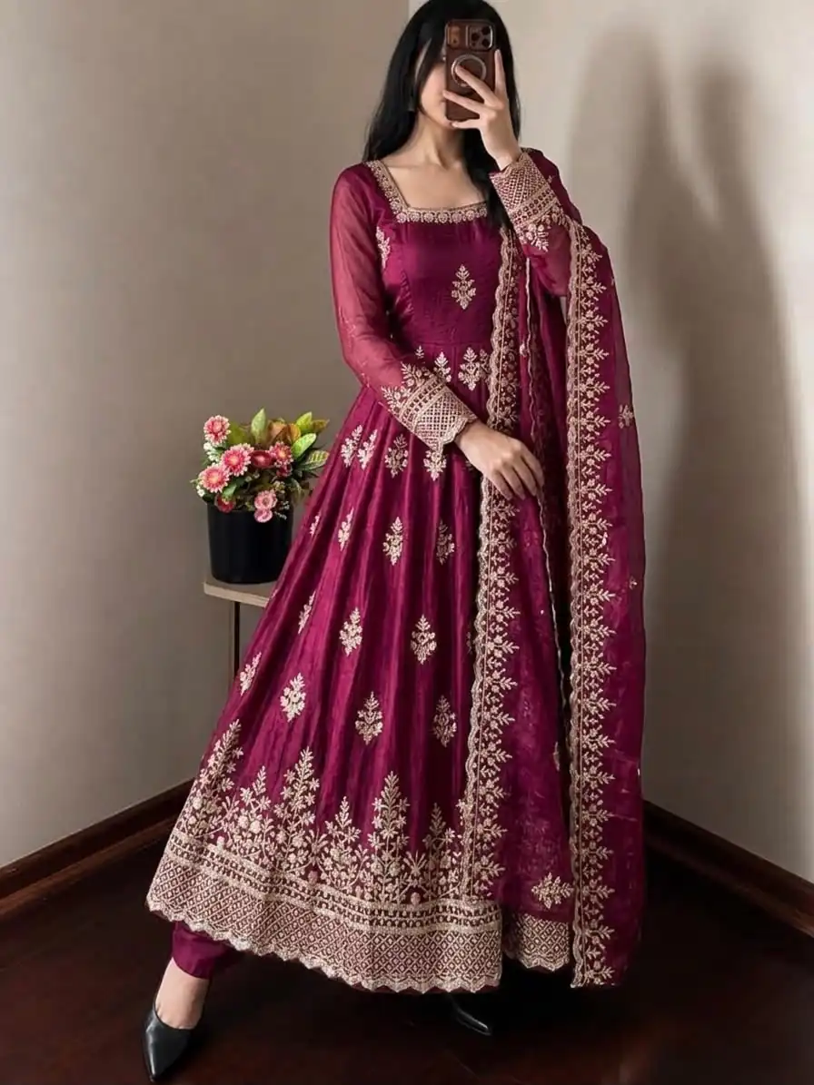 Trendy Wine Fendy Silk Embroidery Work Gown - Image 3