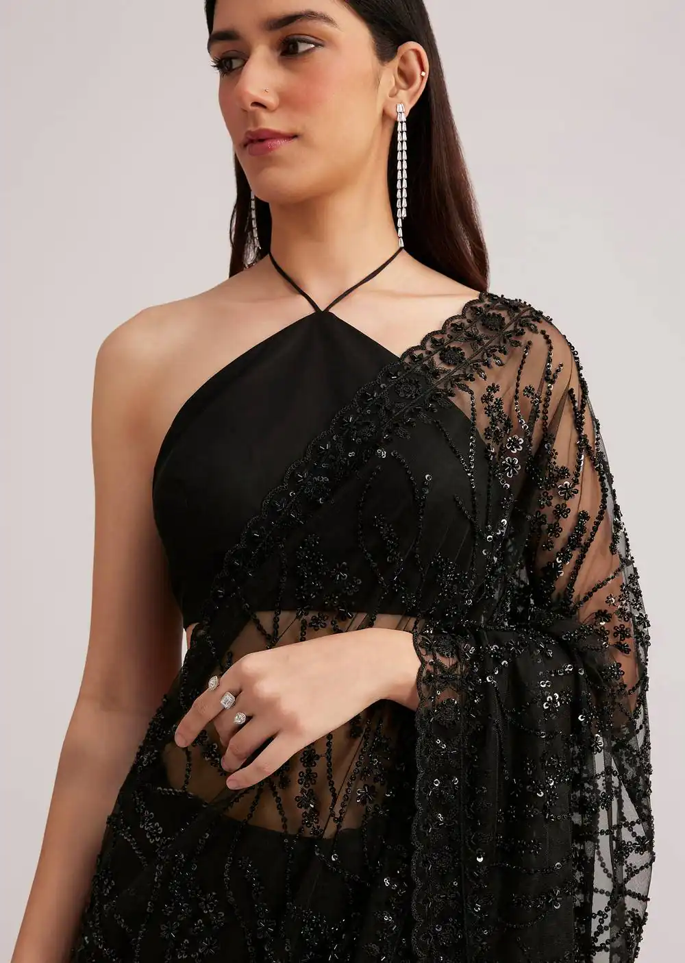 Unique Black Butterfly Net Embroidery Saree - Image 2