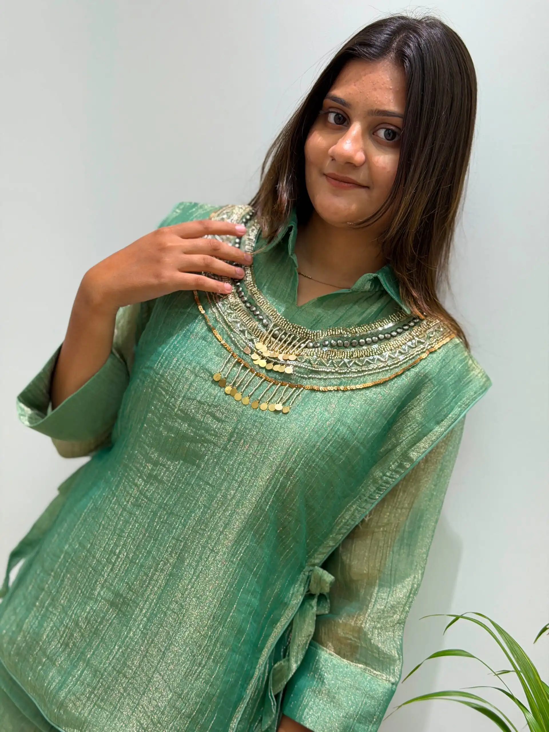 Unique Pista Salsa Silk Butti Hand Work Kurti - Image 3