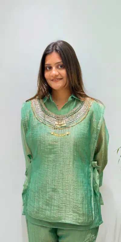 Alternative view of Unique Pista Salsa Silk Butti Hand Work Kurti