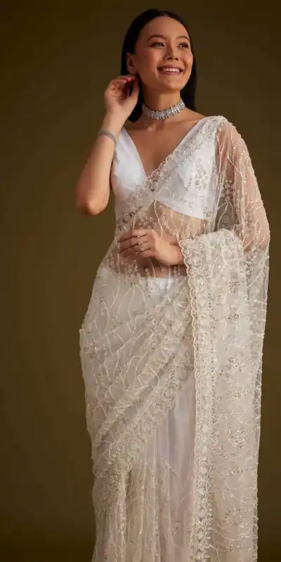 Alternative view of Unique White Butterfly Net Embroidery Saree
