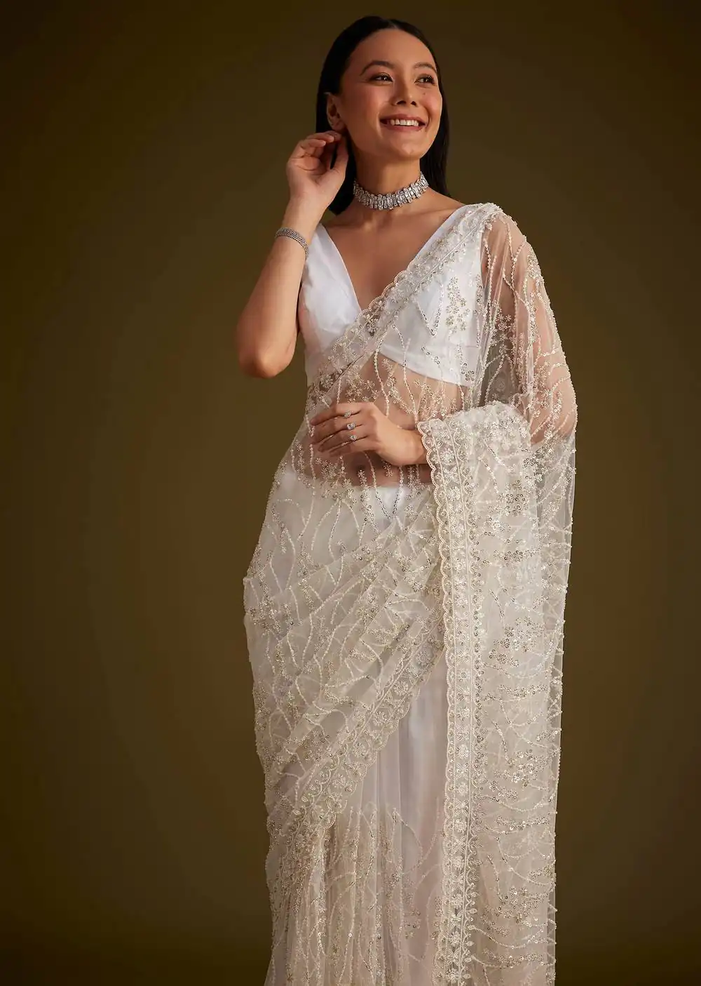 Unique White Butterfly Net Embroidery Saree - Image 2
