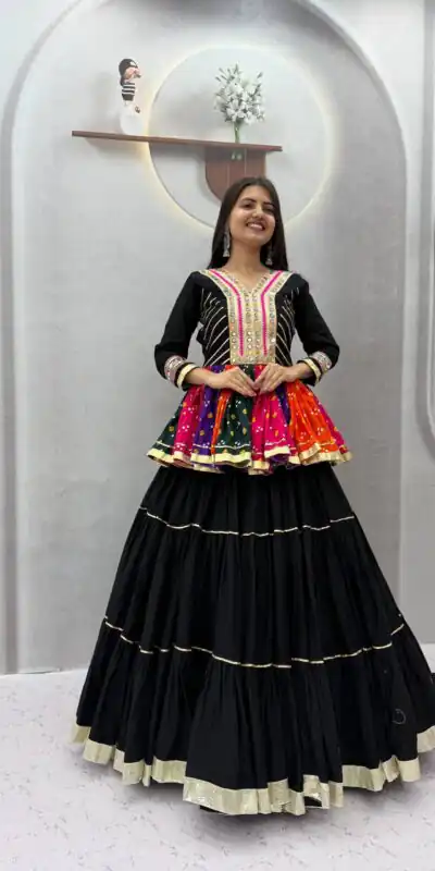 PC 600 Black in Pure Cotton Mirror Work & Gamthi Work Lehenga Choli . Exclusive Offer ₹3049. Delivery 4-6 Working Days. Shop now. | Bollywood Lehenga, Creative Lehenga, Designer Lehenga, Embroidered Lehenga, Lehenga, Party Wear Lehenga