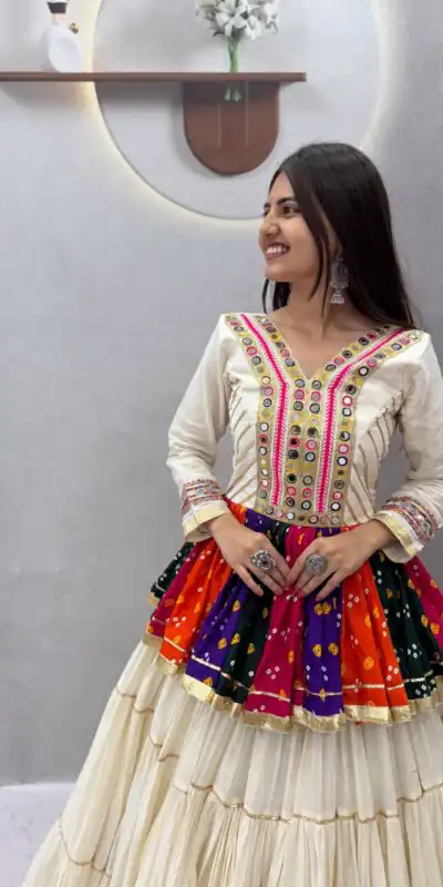 PC 600 White in Pure Cotton Mirror Work & Gamthi Work Lehenga Choli . Exclusive Offer ₹3049. Delivery 4-6 Working Days. Shop now. | Bollywood Lehenga, Creative Lehenga, Designer Lehenga, Embroidered Lehenga, Lehenga, Party Wear Lehenga