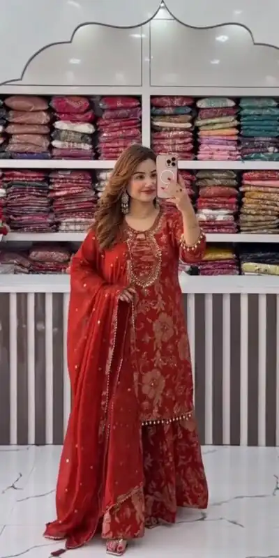 ST 1207 Red Faux Georgette Salwar Suit with Embroidery Work. Available at ₹2949 only. Delivery 4-6 Working Days. Shop now. | Casual Suits, Jump Suits, Tops & Bottoms, Track Suits, Trendy Wear, Creative suits, Designer Suits, Palazzo Suits, Party Wear Suits, Patiala Suits, Salwar suit, Straight Suits