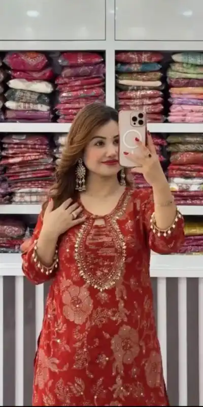 ST 1207 Red Faux Georgette Salwar Suit with Embroidery Work. Available at ₹2949 only. Delivery 4-6 Working Days. Shop now. | Casual Suits, Jump Suits, Tops & Bottoms, Track Suits, Trendy Wear, Creative suits, Designer Suits, Palazzo Suits, Party Wear Suits, Patiala Suits, Salwar suit, Straight Suits