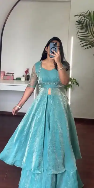 KD 1645 Blue Fendy Silk Gown with Embroidery Work & Sequins Work. Special Price ₹2399. Delivery 4-6 Working Days. Shop now. | Bollywood Gowns, Creative Gowns, Designer Gowns, Embroidered Gowns, Gowns, Party Wear Gowns