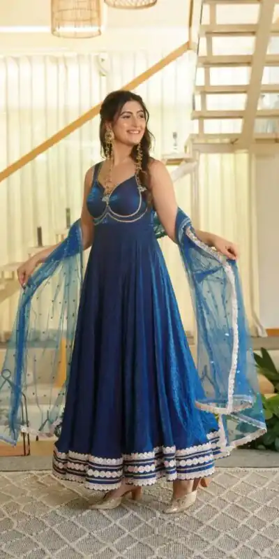 KD 1644 Blue Fendy Silk Gown with Embroidery Work & Sequins Work. Special Price ₹2849. Delivery 4-6 Working Days. Shop now. | Bollywood Gowns, Creative Gowns, Designer Gowns, Embroidered Gowns, Gowns, Party Wear Gowns