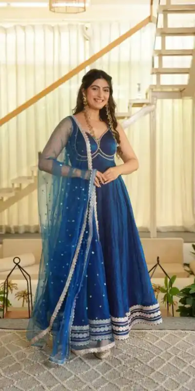 KD 1644 Blue Fendy Silk Gown with Embroidery Work & Sequins Work. Special Price ₹2849. Delivery 4-6 Working Days. Shop now. | Bollywood Gowns, Creative Gowns, Designer Gowns, Embroidered Gowns, Gowns, Party Wear Gowns