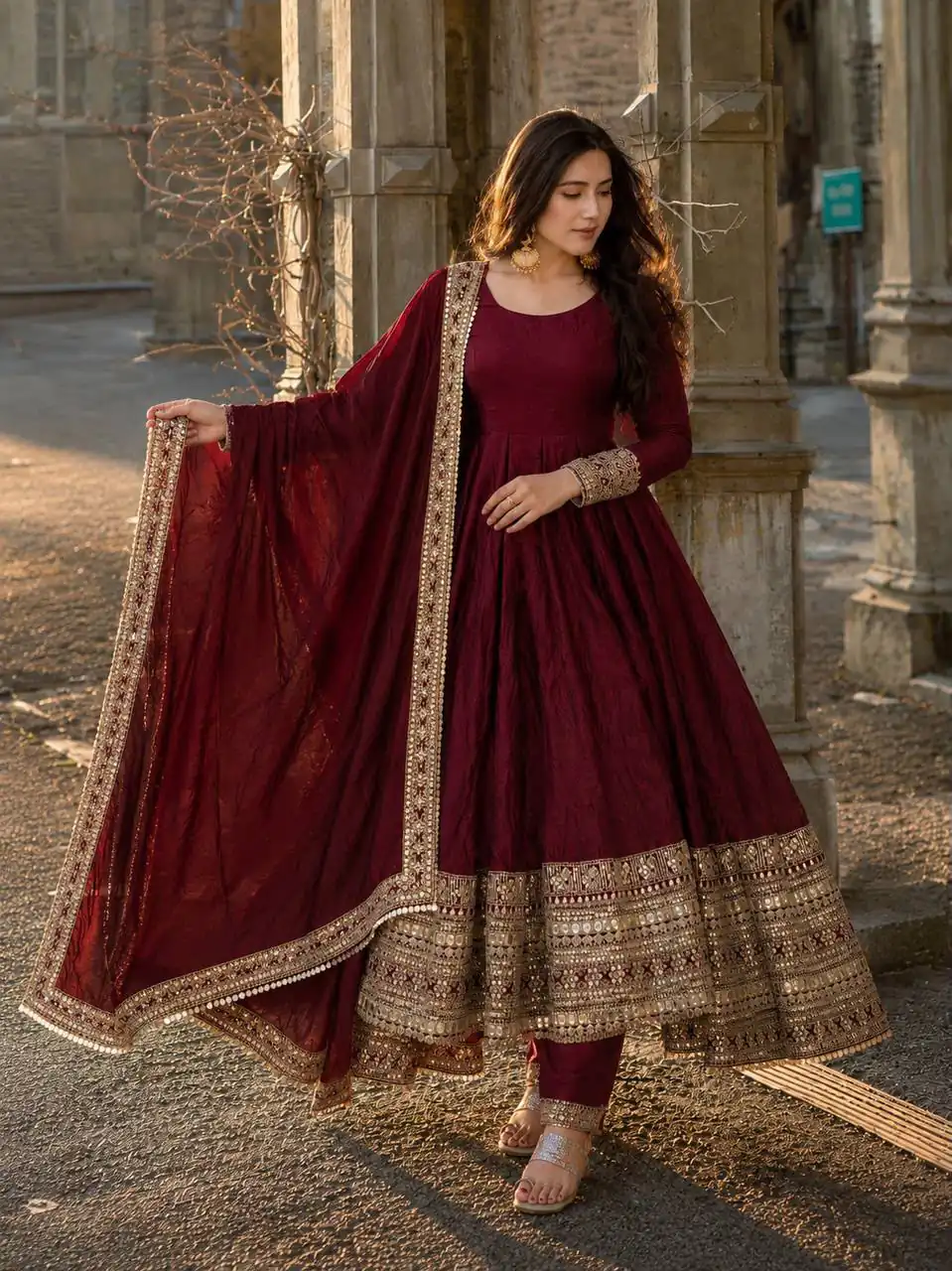 ZB 5068 Maroon Fendy Silk Gown with Embroidery Work & Sequins Work. Special Price ₹23699. Delivery 4-6 Working Days. Shop now. | Bollywood Gowns, Creative Gowns, Designer Gowns, Embroidered Gowns, Gowns, Party Wear Gowns