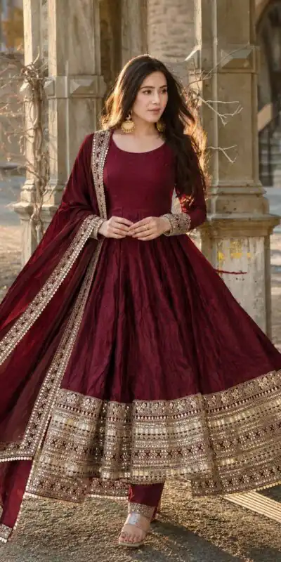 ZB 5068 Maroon Fendy Silk Gown with Embroidery Work & Sequins Work. Special Price ₹23699. Delivery 4-6 Working Days. Shop now. | Bollywood Gowns, Creative Gowns, Designer Gowns, Embroidered Gowns, Gowns, Party Wear Gowns