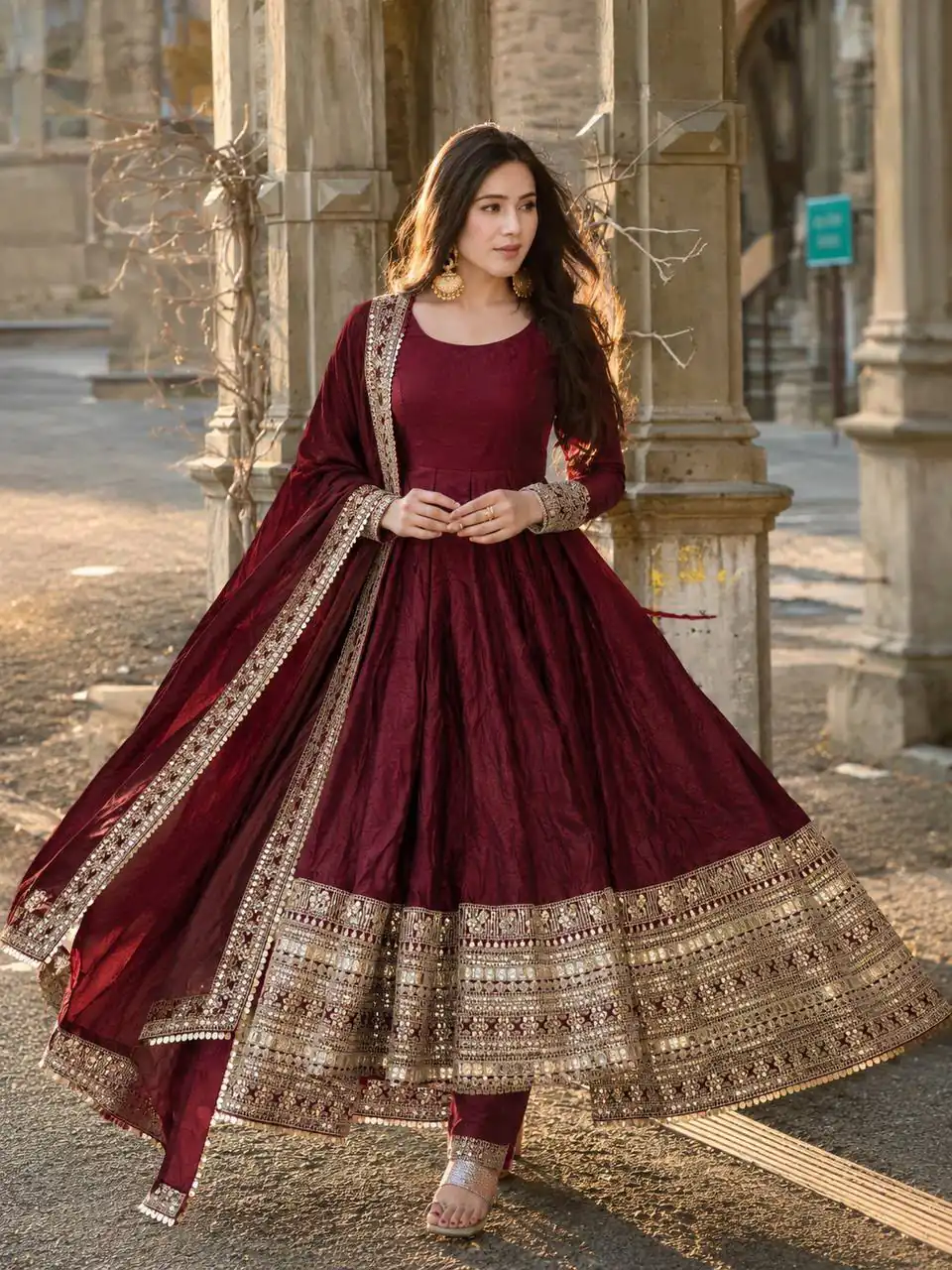 ZB 5068 Maroon Fendy Silk Gown with Embroidery Work & Sequins Work. Special Price ₹23699. Delivery 4-6 Working Days. Shop now. | Bollywood Gowns, Creative Gowns, Designer Gowns, Embroidered Gowns, Gowns, Party Wear Gowns