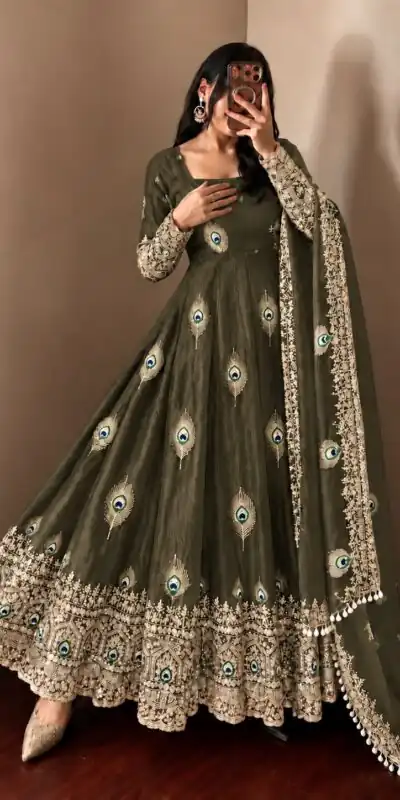 SRK 5372 Mehendi Fendy Silk Gown with Embroidery Work & Sequins Work. Special Price ₹2799. Delivery 4-6 Working Days. Shop now. | Bollywood Gowns, Creative Gowns, Designer Gowns, Embroidered Gowns, Gowns, Party Wear Gowns