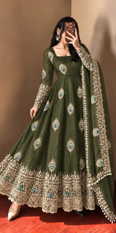 SRK 5372 Mehendi Fendy Silk Gown with Embroidery Work & Sequins Work. Special Price ₹2799. Delivery 4-6 Working Days. Shop now. | Bollywood Gowns, Creative Gowns, Designer Gowns, Embroidered Gowns, Gowns, Party Wear Gowns