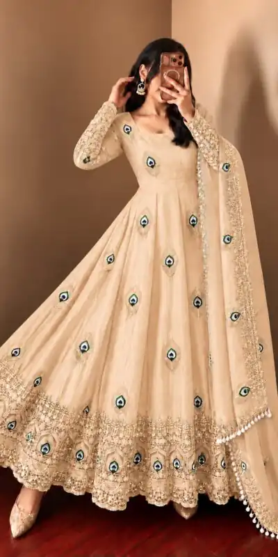 SRK 5372 Off White Fendy Silk Gown with Embroidery Work & Sequins Work. Special Price ₹2799. Delivery 4-6 Working Days. Shop now. | Bollywood Gowns, Creative Gowns, Designer Gowns, Embroidered Gowns, Gowns, Party Wear Gowns