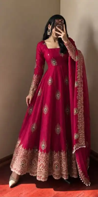 SRK 5372 Red Fendy Silk Gown with Embroidery Work & Sequins Work. Special Price ₹2799. Delivery 4-6 Working Days. Shop now. | Bollywood Gowns, Creative Gowns, Designer Gowns, Embroidered Gowns, Gowns, Party Wear Gowns