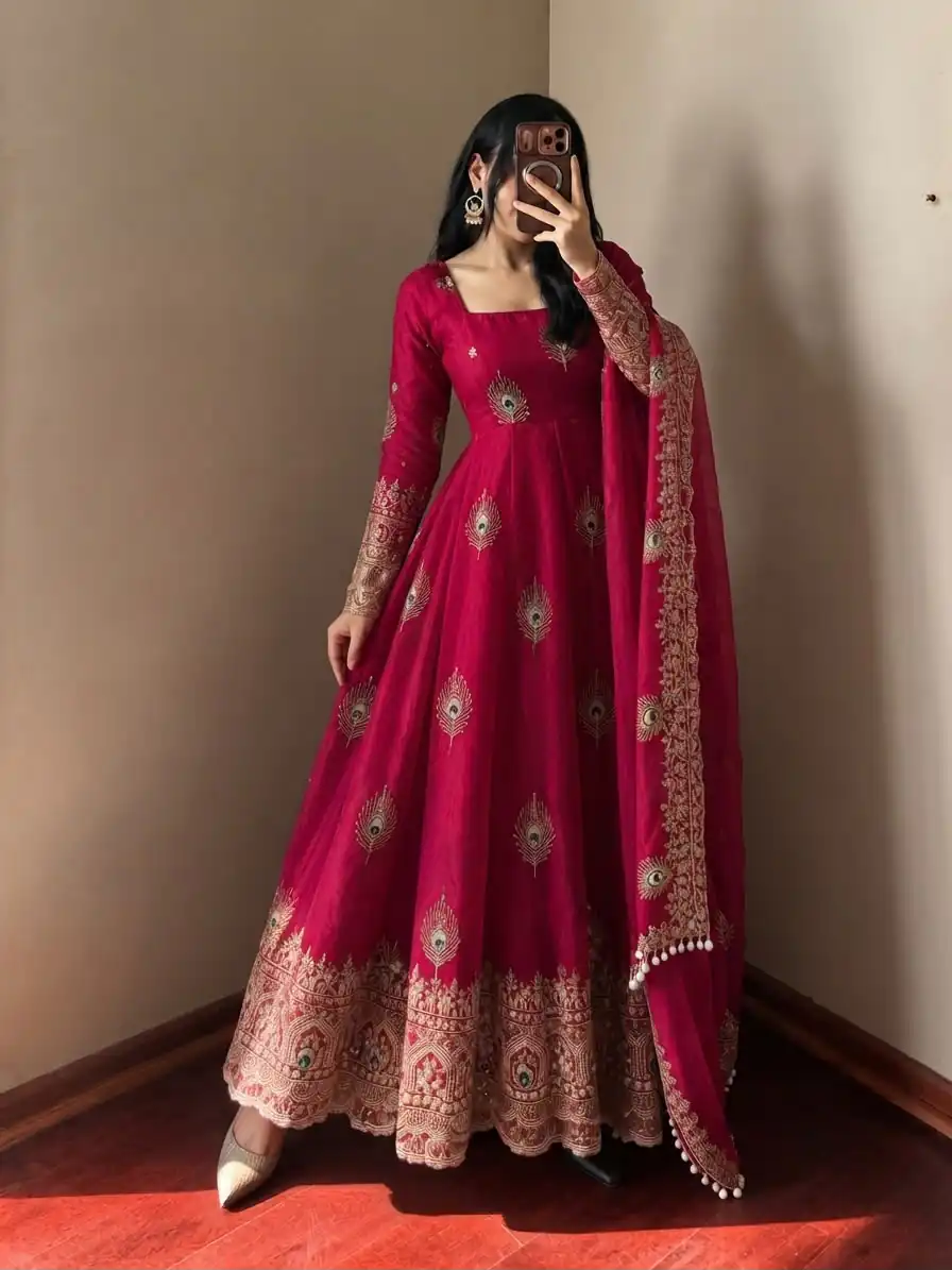 SRK 5372 Red Fendy Silk Gown with Embroidery Work & Sequins Work. Special Price ₹2799. Delivery 4-6 Working Days. Shop now. | Bollywood Gowns, Creative Gowns, Designer Gowns, Embroidered Gowns, Gowns, Party Wear Gowns