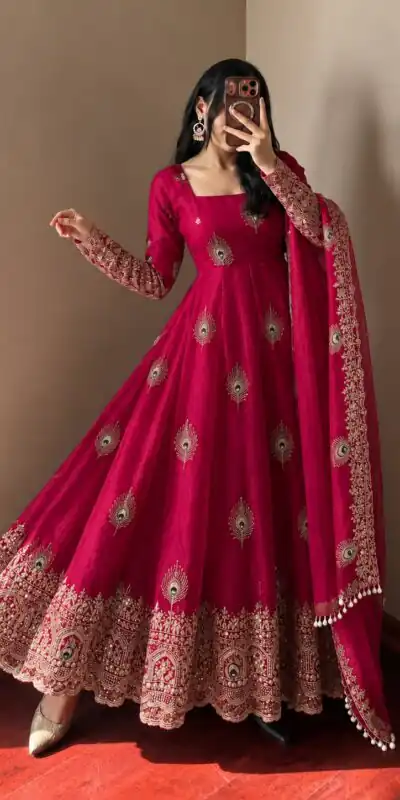SRK 5372 Red Fendy Silk Gown with Embroidery Work & Sequins Work. Special Price ₹2799. Delivery 4-6 Working Days. Shop now. | Bollywood Gowns, Creative Gowns, Designer Gowns, Embroidered Gowns, Gowns, Party Wear Gowns