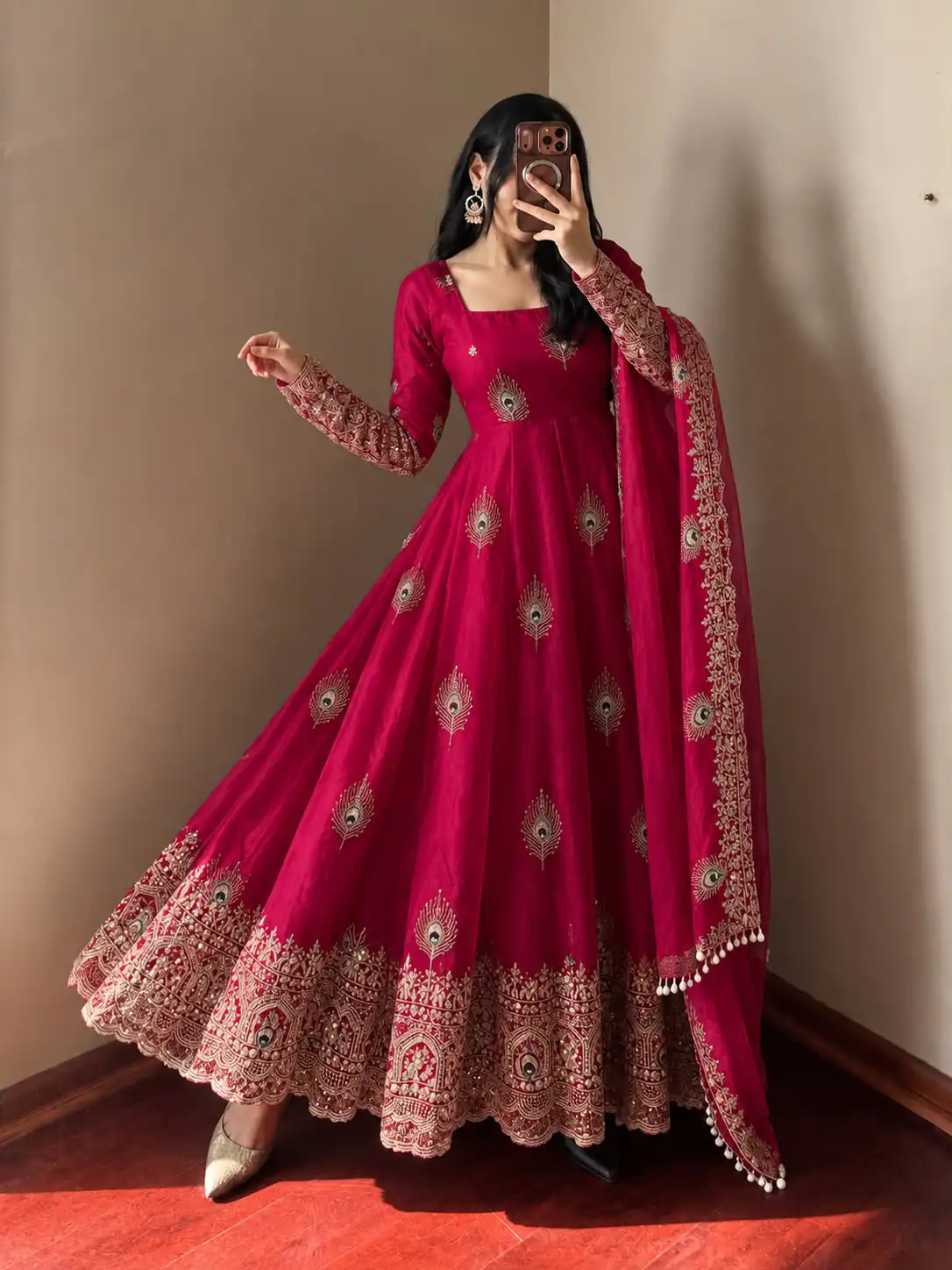 SRK 5372 Red Fendy Silk Gown with Embroidery Work & Sequins Work. Special Price ₹2799. Delivery 4-6 Working Days. Shop now. | Bollywood Gowns, Creative Gowns, Designer Gowns, Embroidered Gowns, Gowns, Party Wear Gowns