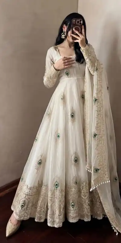 SRK 5372 White Fendy Silk Gown with Embroidery Work & Sequins Work. Special Price ₹2799. Delivery 4-6 Working Days. Shop now. | Bollywood Gowns, Creative Gowns, Designer Gowns, Embroidered Gowns, Gowns, Party Wear Gowns