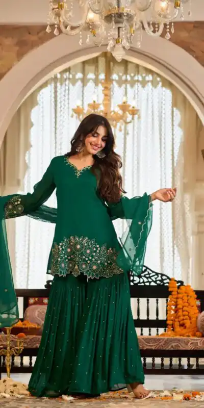 ZB 5079 Green Chinon Silk Salwar Suit with Embroidery Work & Sequins Work. Get it for ₹2199. Delivery 4-6 Working Days. Shop now. | Casual Suits, Jump Suits, Creative suits, Designer Suits, Palazzo Suits, Party Wear Suits, Patiala Suits, Salwar suit, Straight Suits