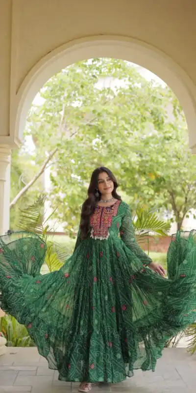 KA 1276 Green in Colour Faux Georgette Bandhani Print Work Gown. Available at ₹2069 only. Delivery 4-6 Working Days. Shop now. | Bollywood Gowns, Creative Gowns, Designer Gowns, Embroidered Gowns, Gowns, Party Wear Gowns