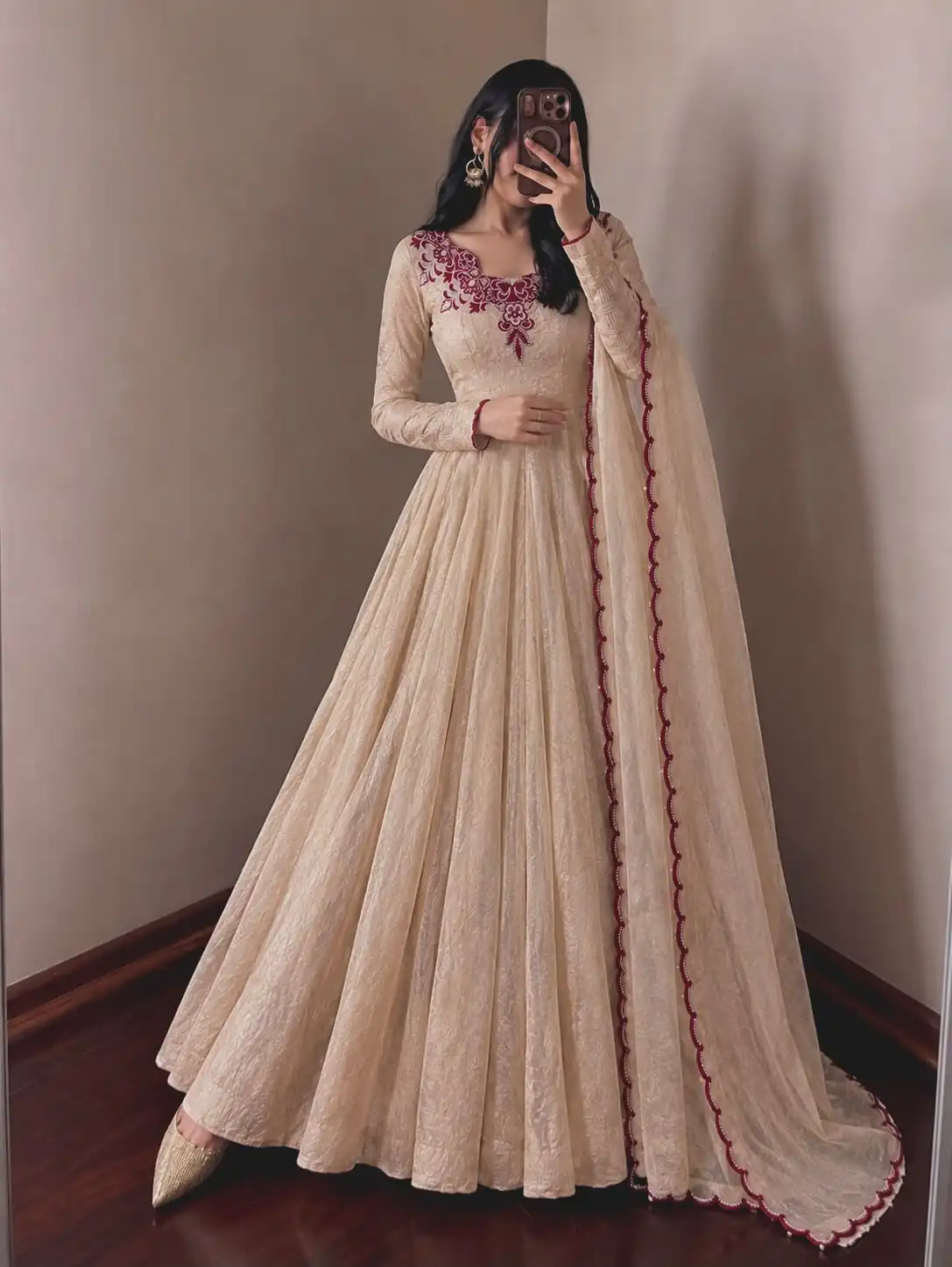 JF 058 Maroon Doremon Crush Gown with Lace Work & Mirror Work. Exclusive Offer ₹2399. Delivery 4-6 Working Days. Shop now. | Bollywood Gowns, Creative Gowns, Designer Gowns, Embroidered Gowns, Gowns, Party Wear Gowns