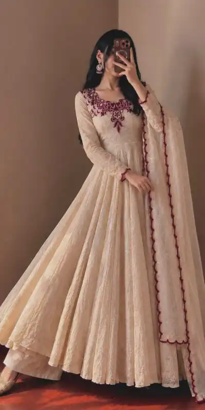 JF 058 Maroon Doremon Crush Gown with Lace Work & Mirror Work. Exclusive Offer ₹2399. Delivery 4-6 Working Days. Shop now. | Bollywood Gowns, Creative Gowns, Designer Gowns, Embroidered Gowns, Gowns, Party Wear Gowns