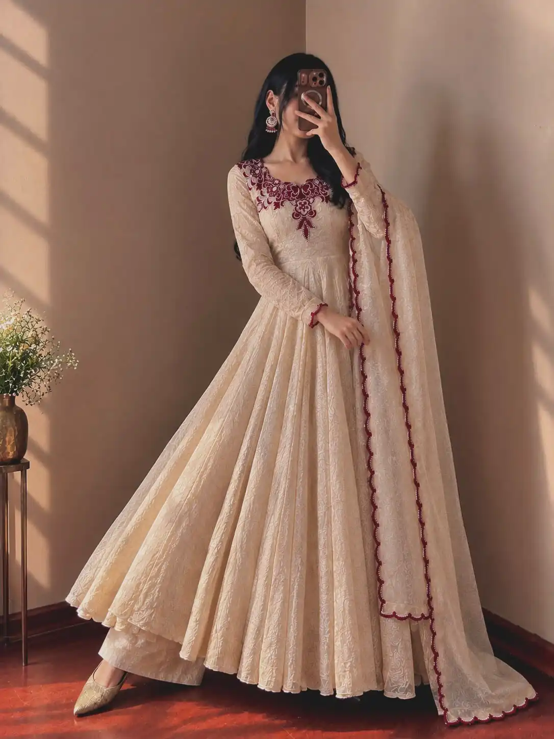 JF 058 Maroon Doremon Crush Gown with Lace Work & Mirror Work. Exclusive Offer ₹2399. Delivery 4-6 Working Days. Shop now. | Bollywood Gowns, Creative Gowns, Designer Gowns, Embroidered Gowns, Gowns, Party Wear Gowns