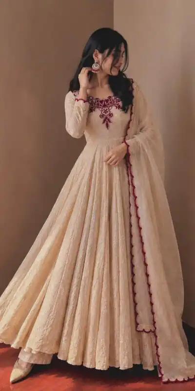 JF 058 Maroon Doremon Crush Gown with Lace Work & Mirror Work. Exclusive Offer ₹2399. Delivery 4-6 Working Days. Shop now. | Bollywood Gowns, Creative Gowns, Designer Gowns, Embroidered Gowns, Gowns, Party Wear Gowns