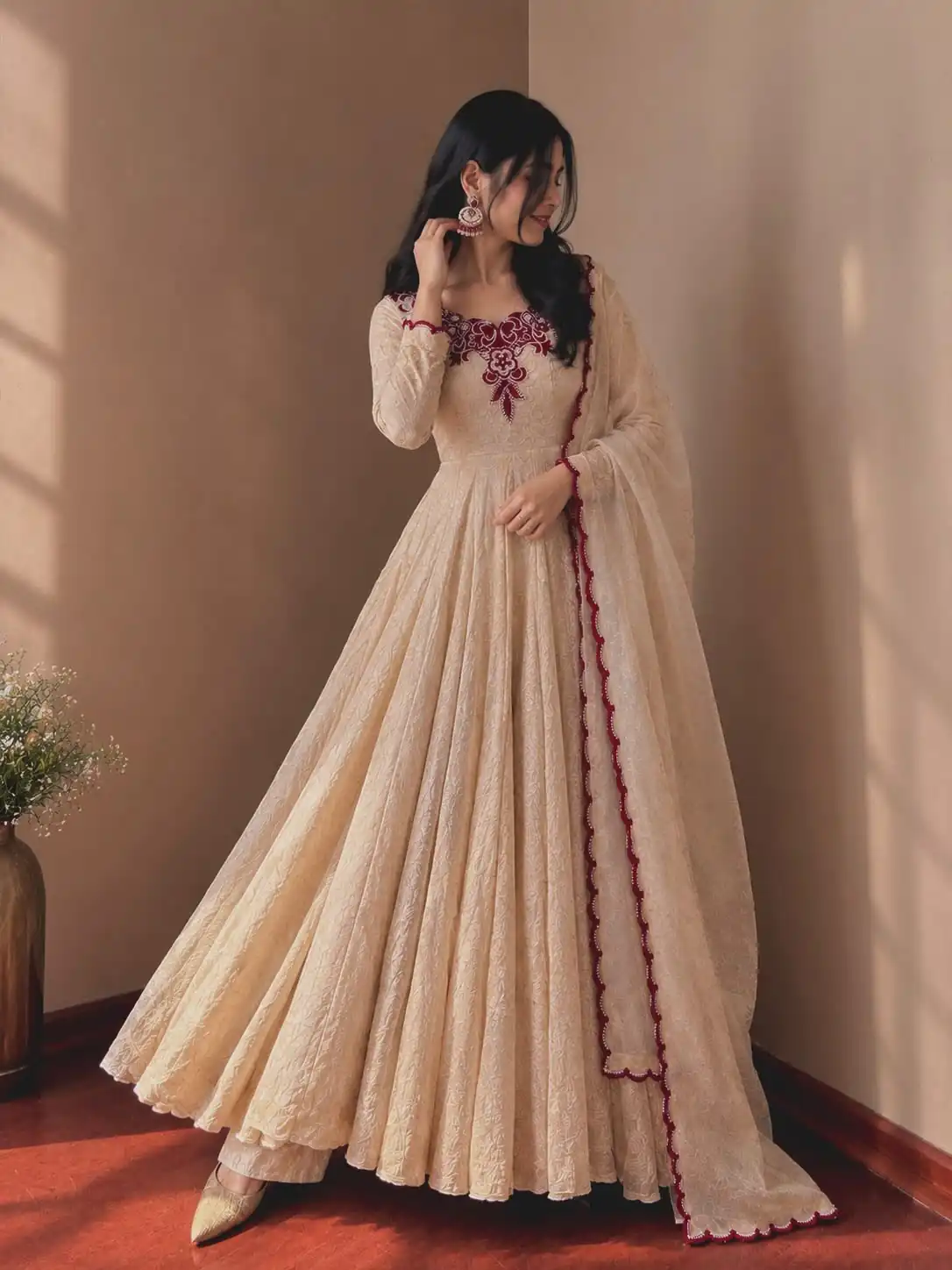 JF 058 Maroon Doremon Crush Gown with Lace Work & Mirror Work. Exclusive Offer ₹2399. Delivery 4-6 Working Days. Shop now. | Bollywood Gowns, Creative Gowns, Designer Gowns, Embroidered Gowns, Gowns, Party Wear Gowns