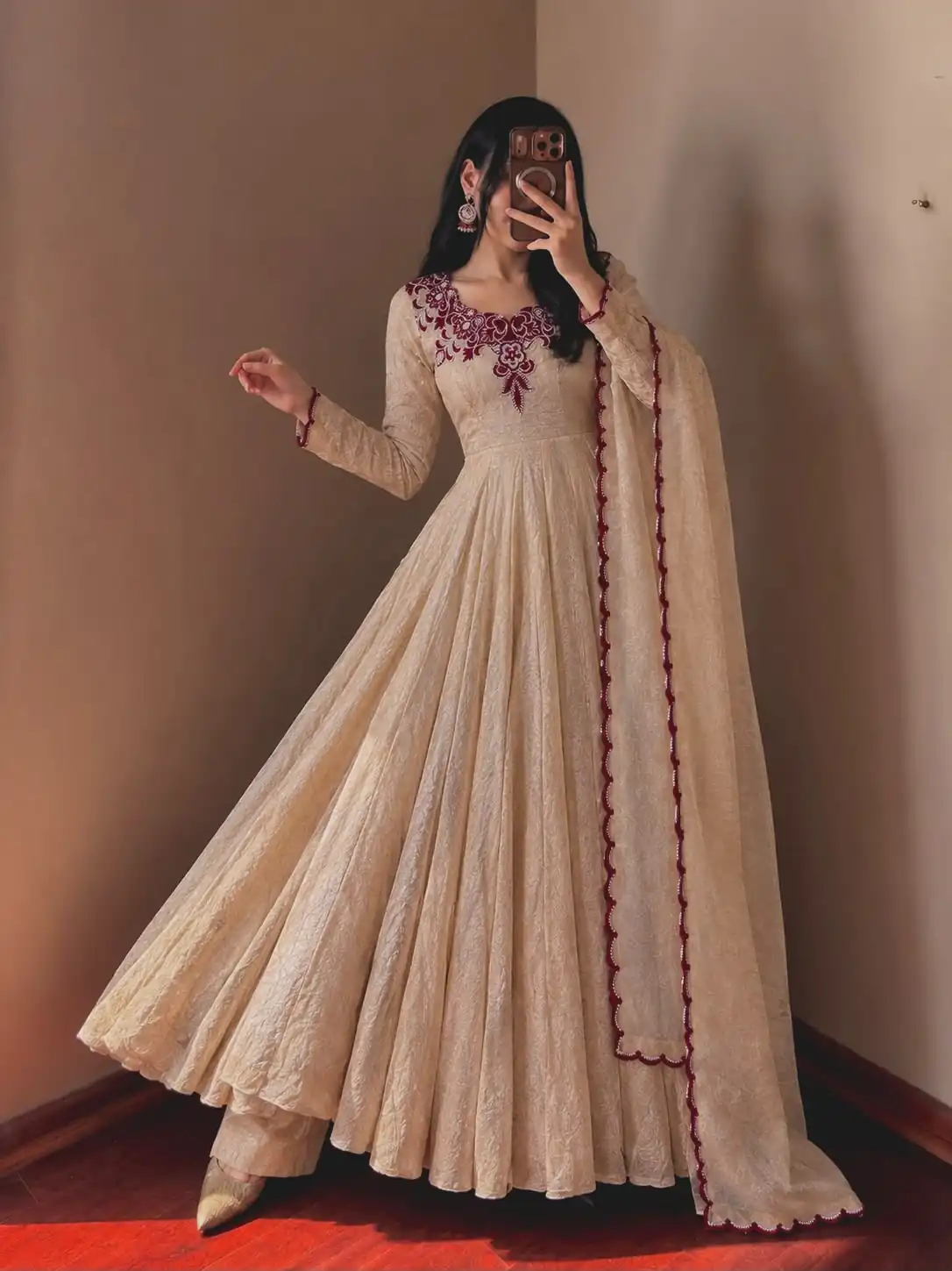 JF 058 Maroon Doremon Crush Gown with Lace Work & Mirror Work. Exclusive Offer ₹2399. Delivery 4-6 Working Days. Shop now. | Bollywood Gowns, Creative Gowns, Designer Gowns, Embroidered Gowns, Gowns, Party Wear Gowns