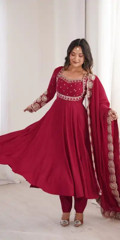 Alternative view of Glowing Maroon Roman Silk Embroidery Work Anarkali Suit