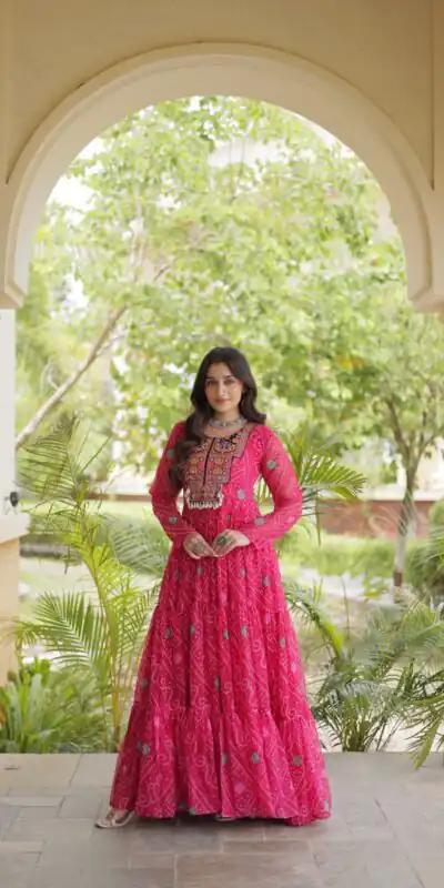 KA 1276 Pink in Colour Faux Georgette Bandhani Print Work Gown. Available at ₹2069 only. Delivery 4-6 Working Days. Shop now. | Bollywood Gowns, Creative Gowns, Designer Gowns, Embroidered Gowns, Gowns, Party Wear Gowns