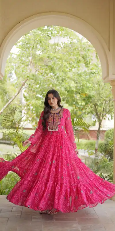KA 1276 Pink in Colour Faux Georgette Bandhani Print Work Gown. Available at ₹2069 only. Delivery 4-6 Working Days. Shop now. | Bollywood Gowns, Creative Gowns, Designer Gowns, Embroidered Gowns, Gowns, Party Wear Gowns