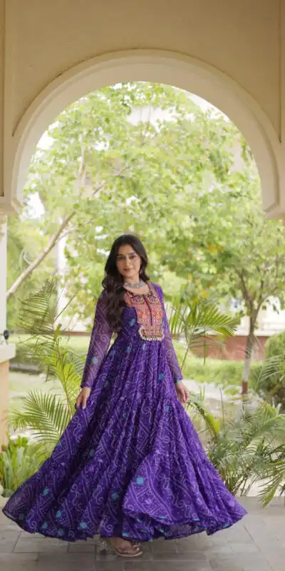 KA 1276 Purple in Colour Faux Georgette Bandhani Print Work Gown. Available at ₹2069 only. Delivery 4-6 Working Days. Shop now. | Bollywood Gowns, Creative Gowns, Designer Gowns, Embroidered Gowns, Gowns, Party Wear Gowns