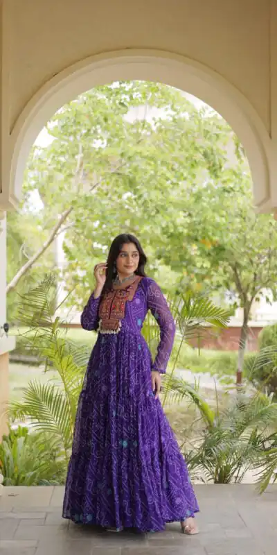 KA 1276 Purple in Colour Faux Georgette Bandhani Print Work Gown. Available at ₹2069 only. Delivery 4-6 Working Days. Shop now. | Bollywood Gowns, Creative Gowns, Designer Gowns, Embroidered Gowns, Gowns, Party Wear Gowns