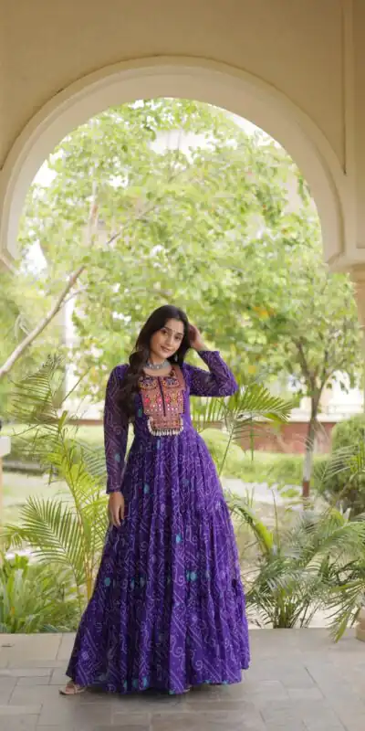KA 1276 Purple in Colour Faux Georgette Bandhani Print Work Gown. Available at ₹2069 only. Delivery 4-6 Working Days. Shop now. | Bollywood Gowns, Creative Gowns, Designer Gowns, Embroidered Gowns, Gowns, Party Wear Gowns