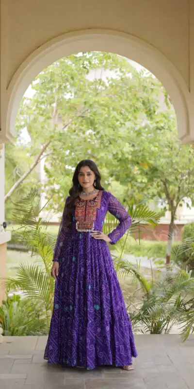 KA 1276 Purple in Colour Faux Georgette Bandhani Print Work Gown. Available at ₹2069 only. Delivery 4-6 Working Days. Shop now. | Bollywood Gowns, Creative Gowns, Designer Gowns, Embroidered Gowns, Gowns, Party Wear Gowns