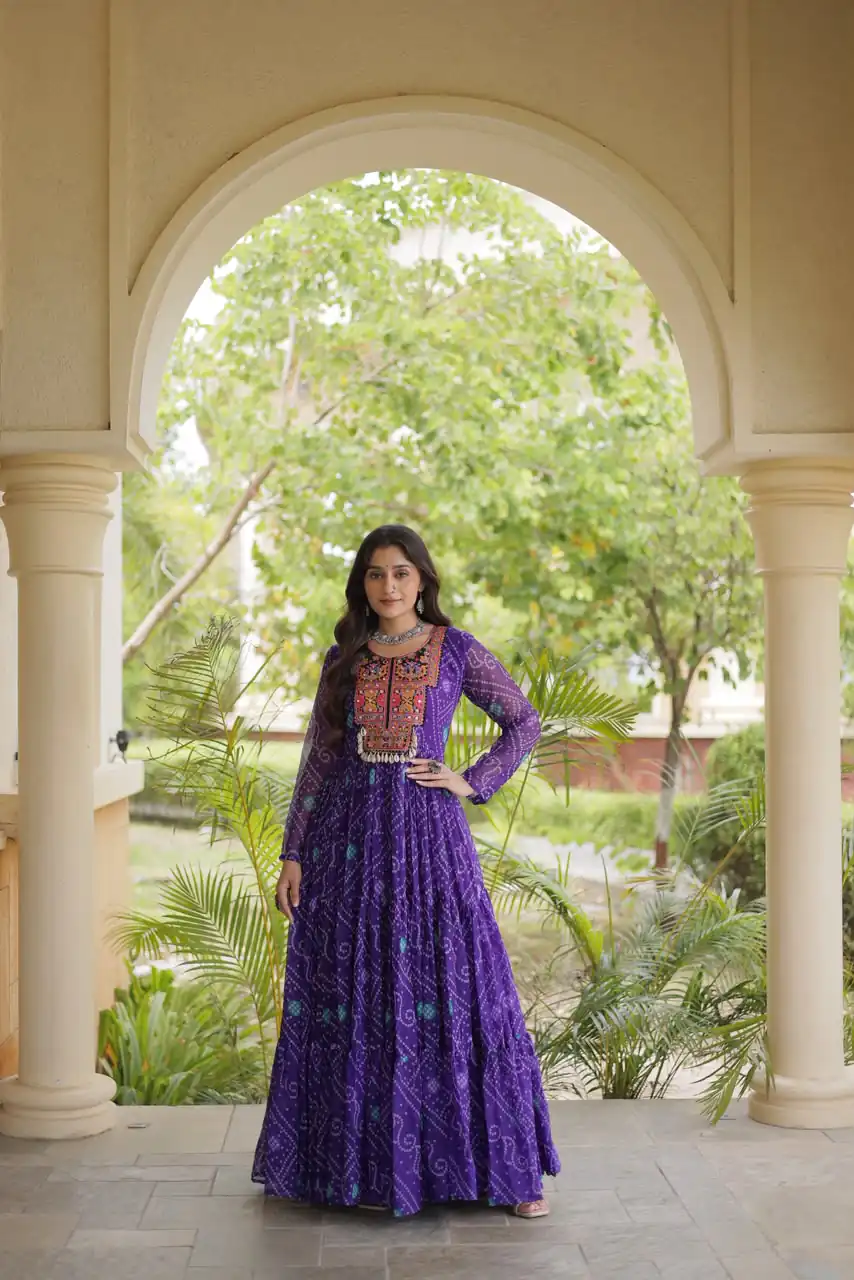 KA 1276 Purple in Colour Faux Georgette Bandhani Print Work Gown. Available at ₹2069 only. Delivery 4-6 Working Days. Shop now. | Bollywood Gowns, Creative Gowns, Designer Gowns, Embroidered Gowns, Gowns, Party Wear Gowns
