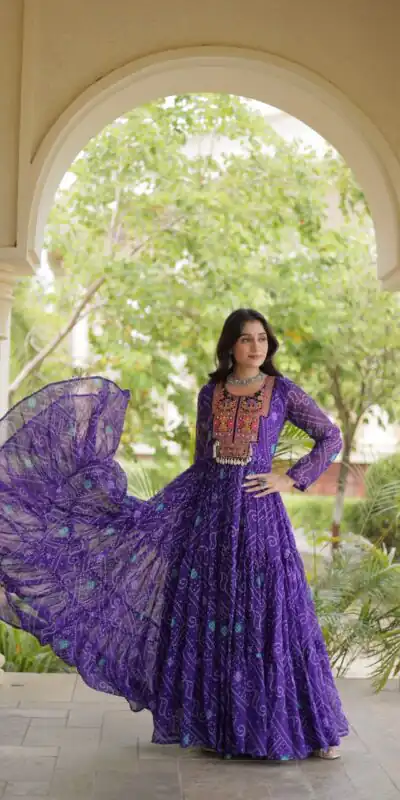 KA 1276 Purple in Colour Faux Georgette Bandhani Print Work Gown. Available at ₹2069 only. Delivery 4-6 Working Days. Shop now. | Bollywood Gowns, Creative Gowns, Designer Gowns, Embroidered Gowns, Gowns, Party Wear Gowns