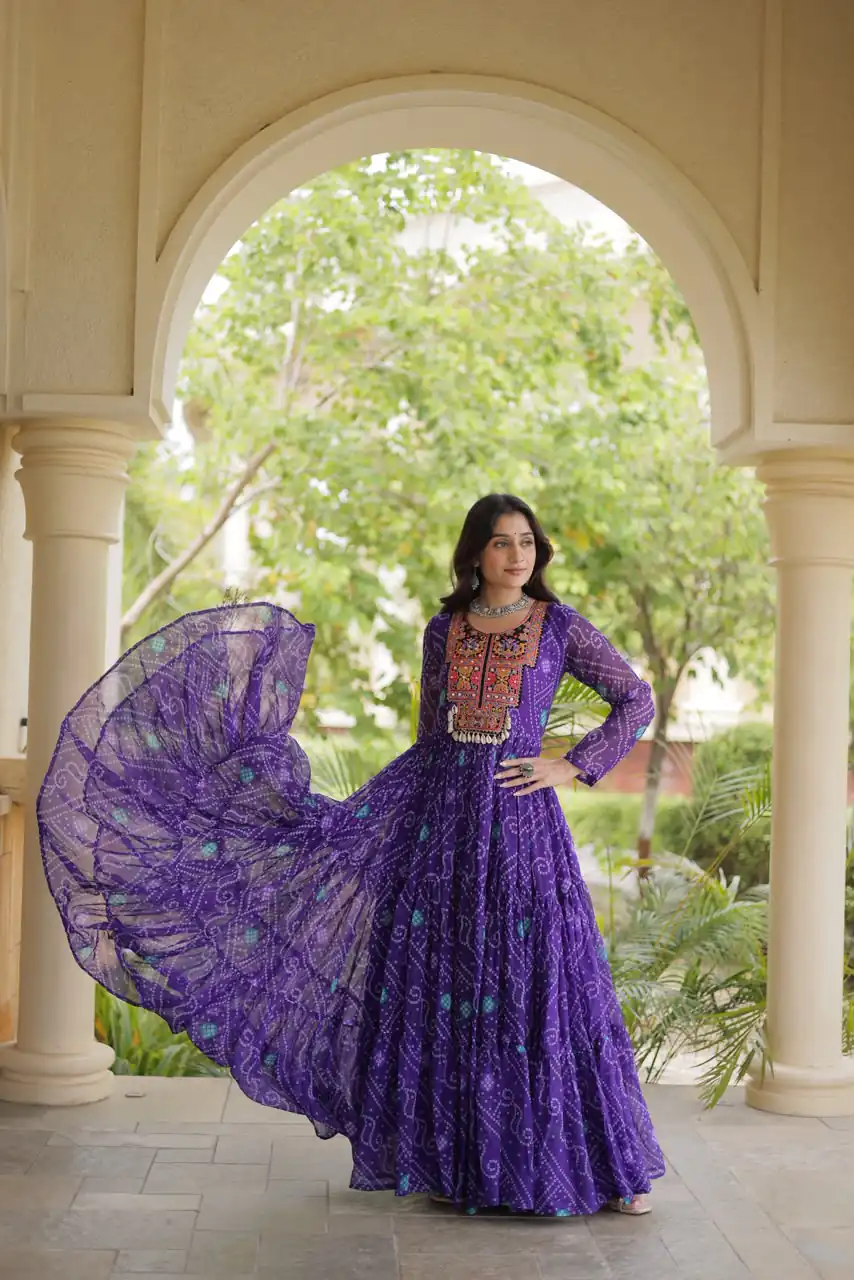 KA 1276 Purple in Colour Faux Georgette Bandhani Print Work Gown. Available at ₹2069 only. Delivery 4-6 Working Days. Shop now. | Bollywood Gowns, Creative Gowns, Designer Gowns, Embroidered Gowns, Gowns, Party Wear Gowns